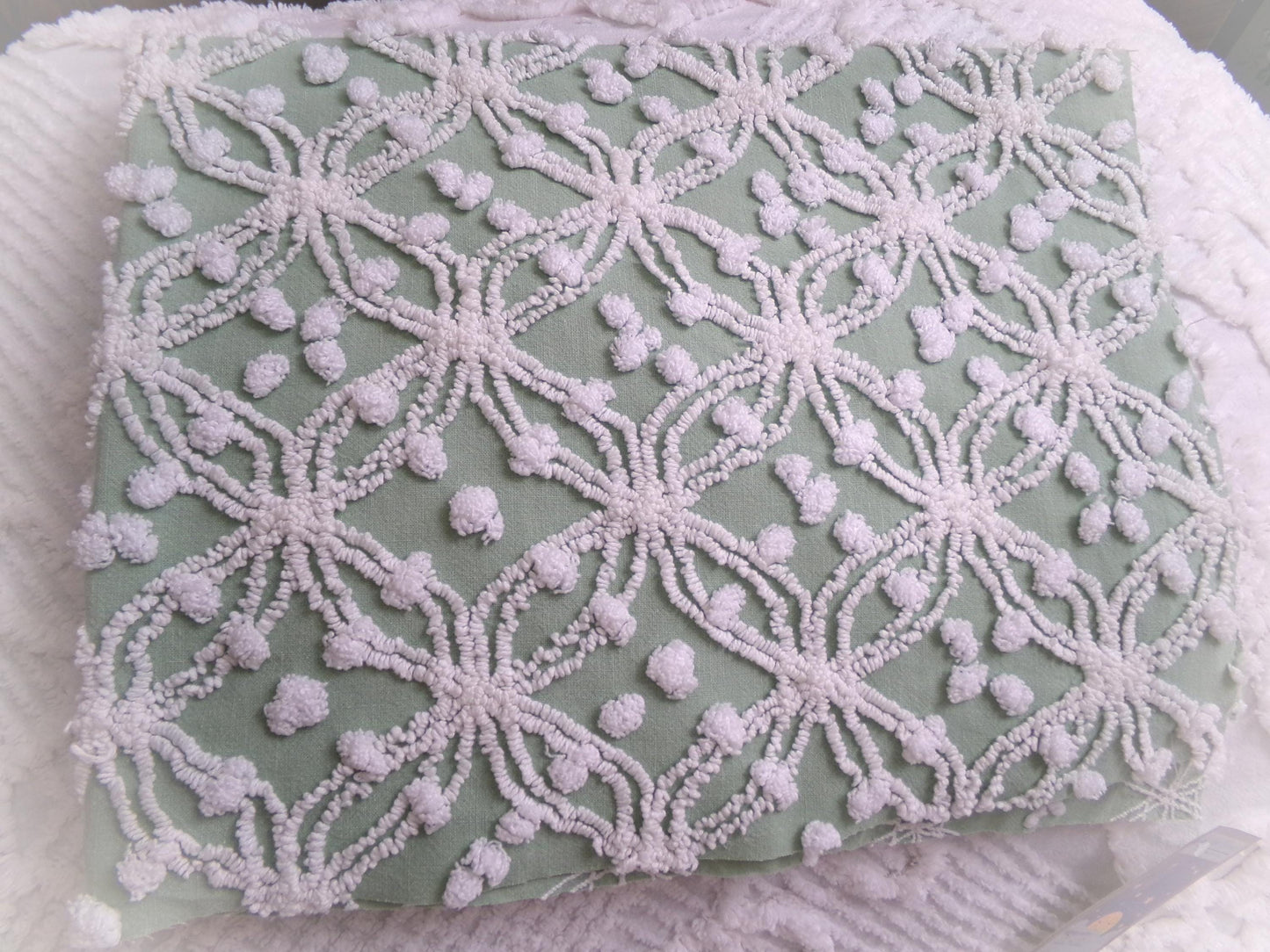 Grassy Sage Green Vintage Chenille Fabric in Wedding Ring Pop Raised Textured Design, 18" x 24" Piece Sewing & Quilt Material