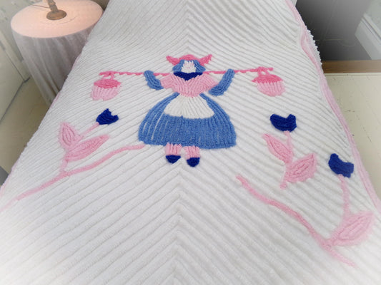 country dutch girl vintage chenille coverlet, charming pink, blue & white cotton accent throw, 42"W x 63"L