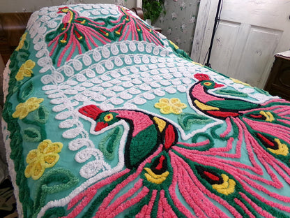 Green Peacock Vintage Chenille Bedspread, Full Size Pink Lovebirds & Swirls