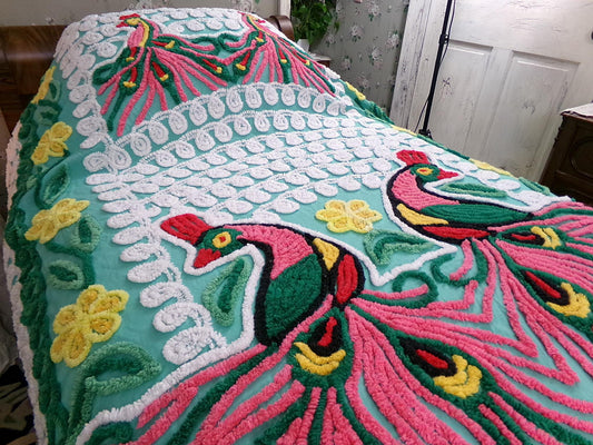 Green Peacock Vintage Chenille Bedspread, Full Size Pink Lovebirds & Swirls