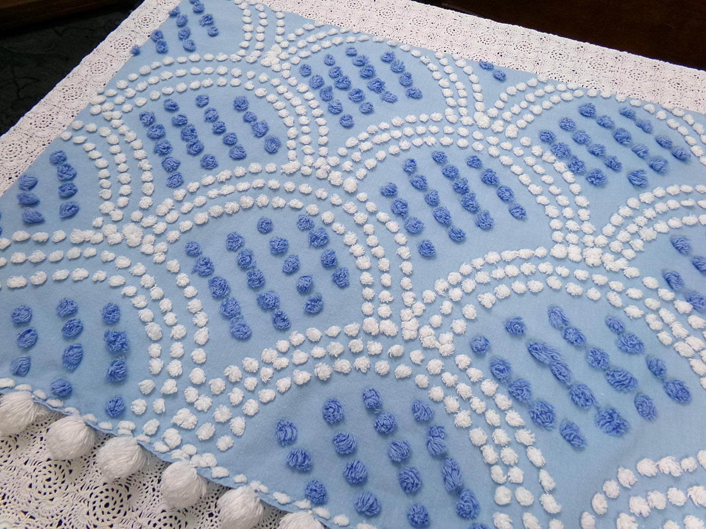 Mermaid Tails Vintage Chenille Bedspread Fabric Blue & White Piece 19x27"