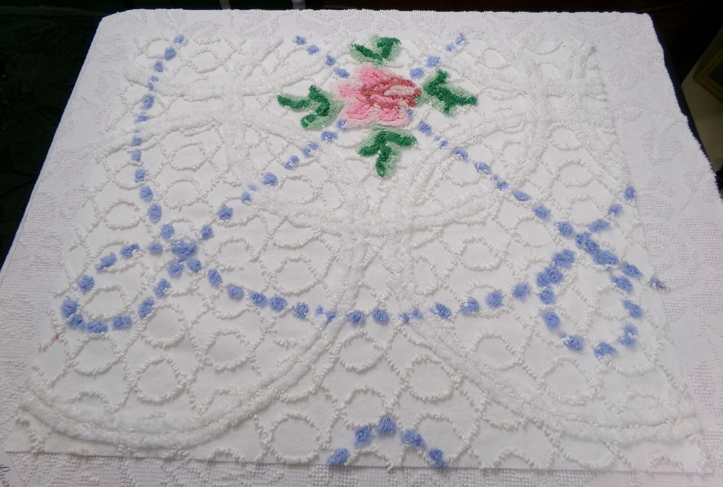 shabby cottage vintage chenille fabric, pink rose quilt material, 22" x 25" piece