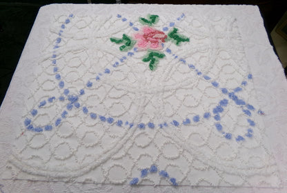 shabby cottage vintage chenille fabric, pink rose quilt material, 22" x 25" piece