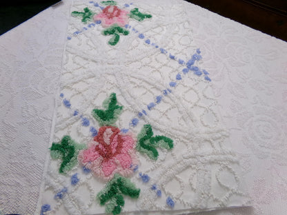 shabby romantic vintage chenille bedspread fabric, pink rose quilt material, 26" x 30" piece