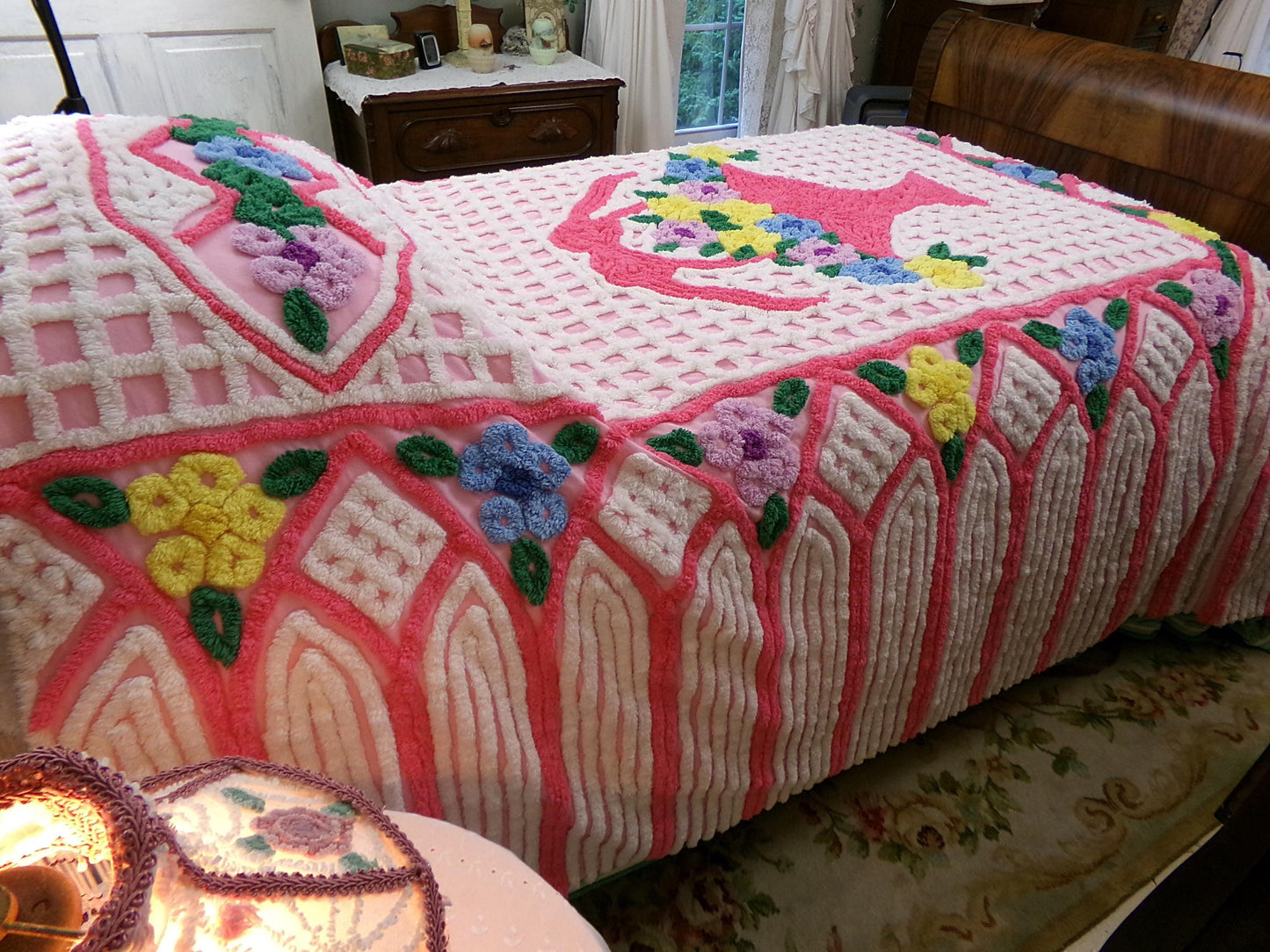 plush cupcake frosting vintage chenille bedspread, pink flower basket w/ cathedral stripes, girly cottage full size luxury cotton bedding