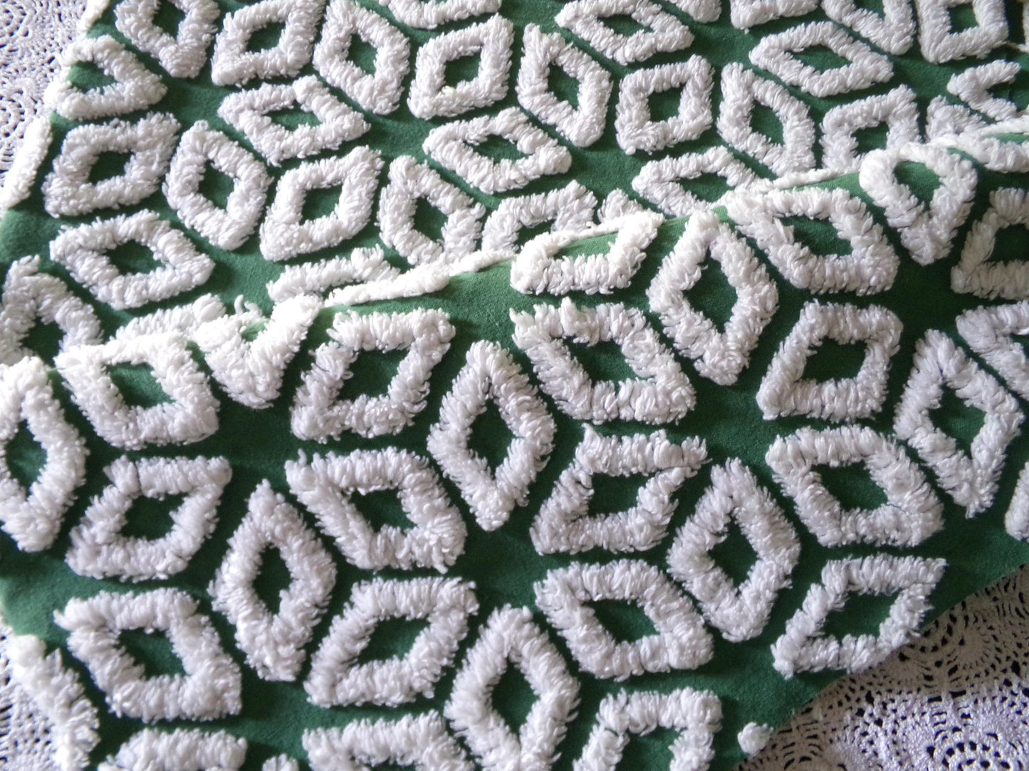 white snowflakes on rich green vintage chenille fabric, 18" x 25" inch piece of cotton sewing material for quilting & crafts