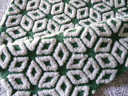 white snowflakes on rich green vintage chenille fabric, 18" x 25" inch piece of cotton sewing material for quilting & crafts