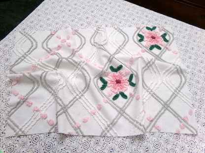 Romantic Rose Vintage Chenille Bedspread Fabric Dove Grey, Pink White Quilt Material 16" x 24"