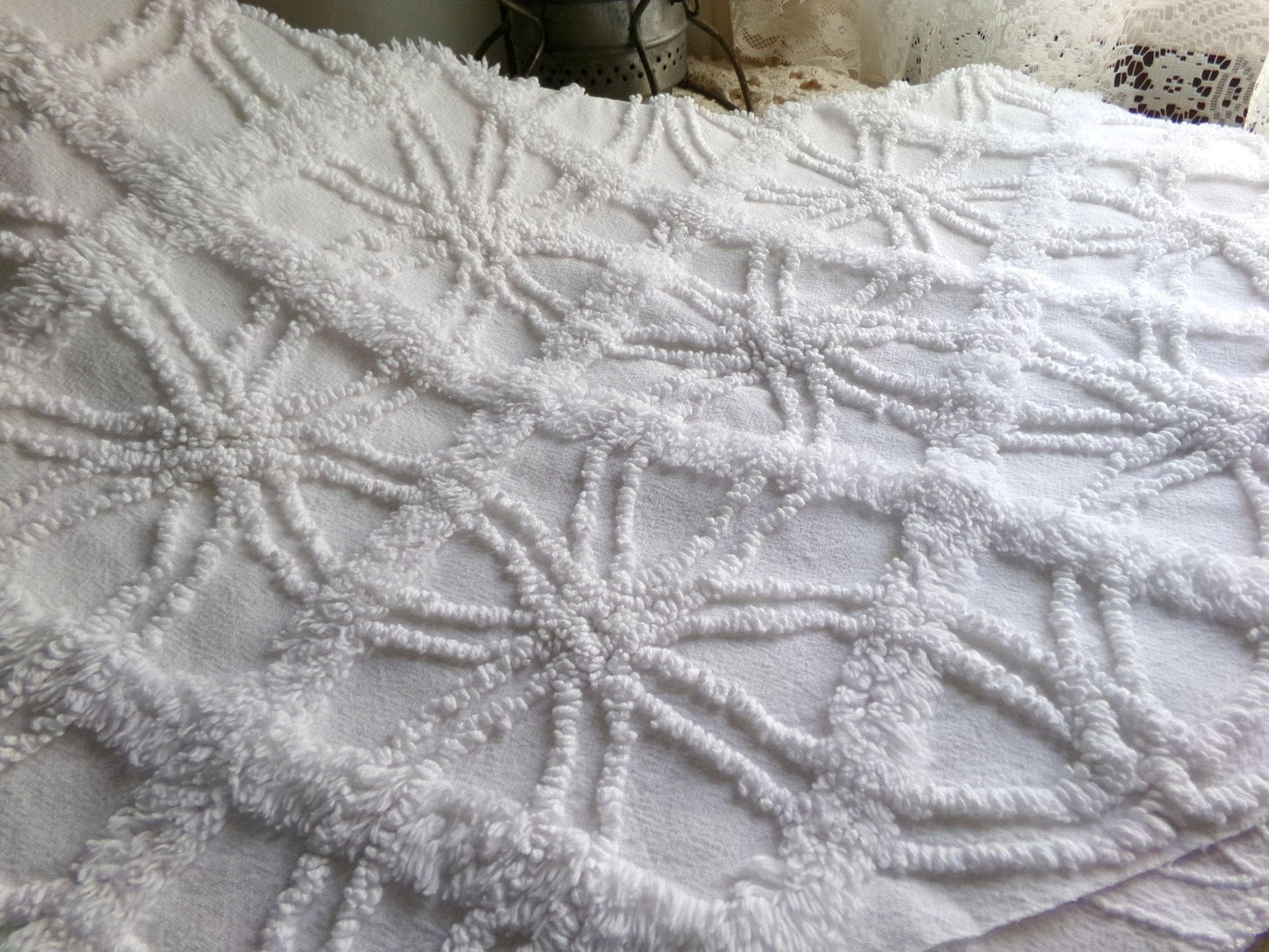 vintage white chenille fabric: webbed windowpane design, 20" x 25" cut piece