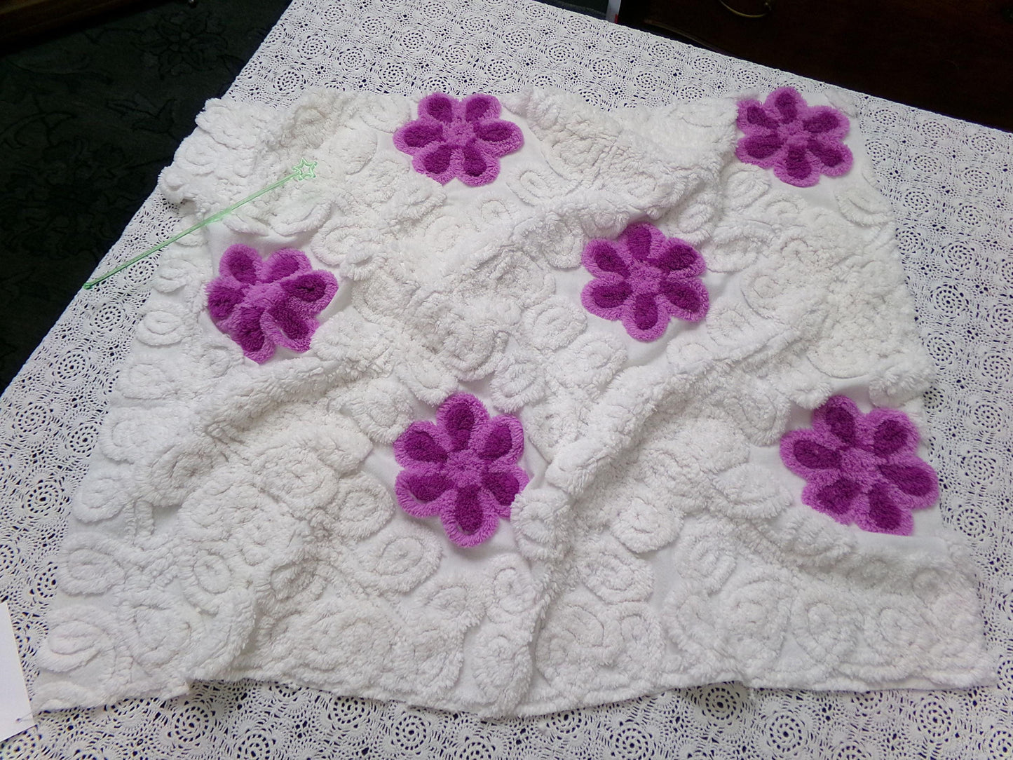 Snowy Violets Vintage Chenille Bedspread Fabric Purple & White 26 x 20" Piece