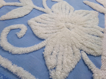 botanical blue vintage chenille fabric, super plush white florals, 21" x 23" piece sewing material
