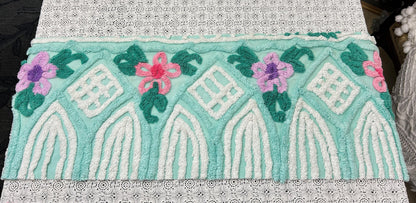 Seafoam Green Vintage Chenille Fabric, Plush Tropical Flowers 13x34" Piece