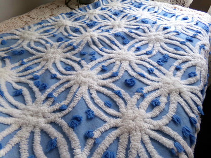 serene blue & white vintage chenille fabric, 19" x 23" cotton quilt material