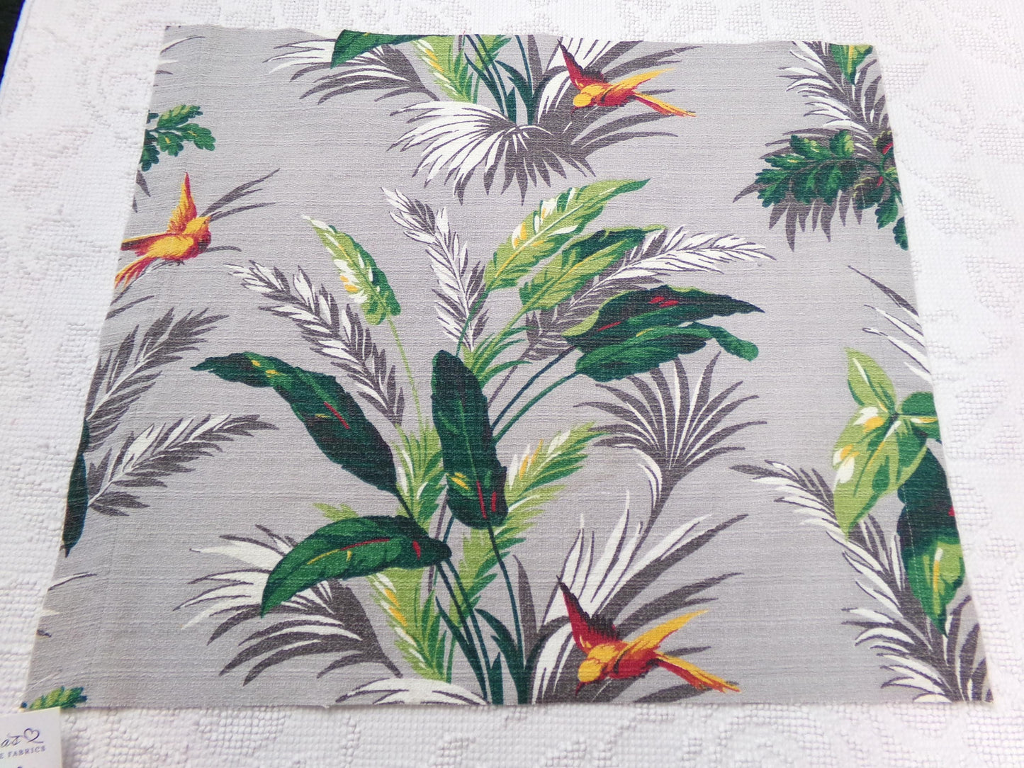 Vintage Barkcloth Fabric in Rare Hummingbird Tropical Design, Midcentury Tropical Craft Material, 16" x 19"
