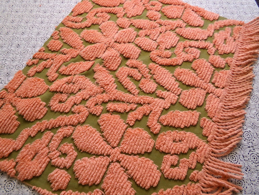 Vtg Chenille Bedspread Fabric, Boho Hippie Coral Orange Floral on Moss Green, 18" x 24" piece