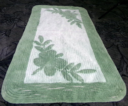 Vintage Green Chenille Rug, Shabby Botanical Leaf Cotton Accent Mat 21.5" x 39.5"