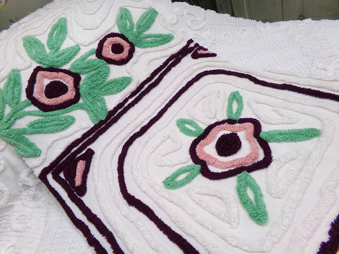 Vintage Chenille Fabric, Shabby Berry Mauve Blooms 19" x 30" Piece Sewing Craft Material