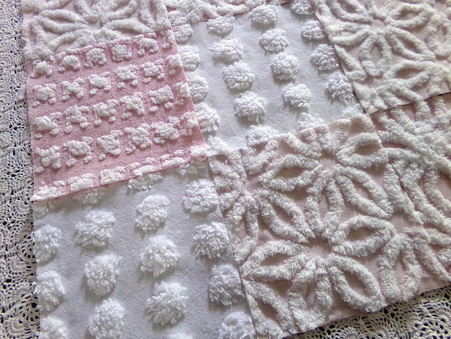 Pink Wink Quilt Squares Set from Vintage Chenille Bedspread Fabric, 16 Blocks, 6" x 6" inch