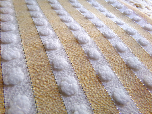 perky yellow sparkle pops vintage chenille fabric, nubby white popcorn & shimmer lurex, 20" x 24" piece sewing material for quilts, crafts