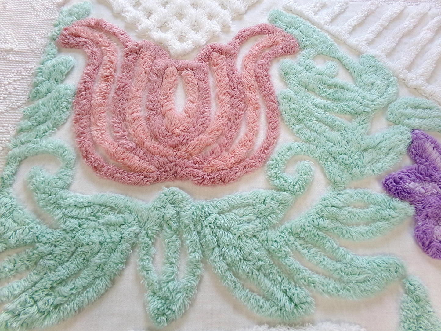 big pink tulip vintage chenille fabric, tropical floral design on white cotton, 18" x 24" piece, upcycle for wallhanging, pillows