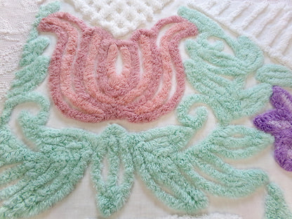 big pink tulip vintage chenille fabric, tropical floral design on white cotton, 18" x 24" piece, upcycle for wallhanging, pillows