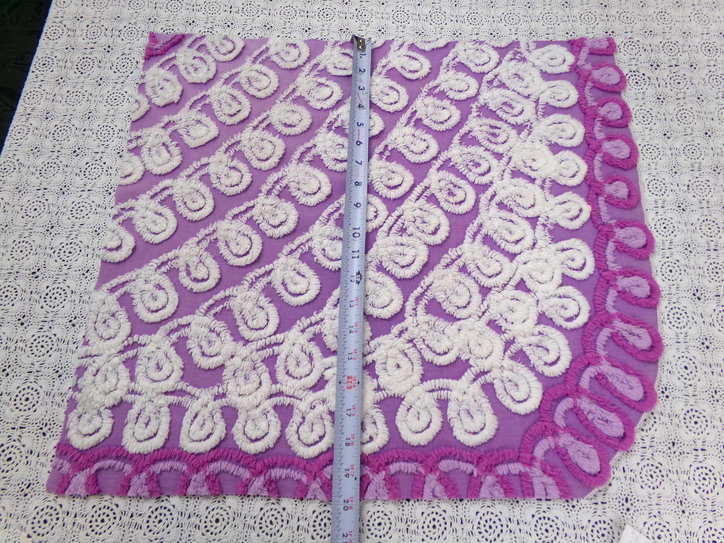 Shabby Purple & White Vintage Chenille Fabric 18 x 20" Curlicue Geometric Boho Quilt Sewing Material