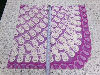 Shabby Purple & White Vintage Chenille Fabric 18 x 20" Curlicue Geometric Boho Quilt Sewing Material