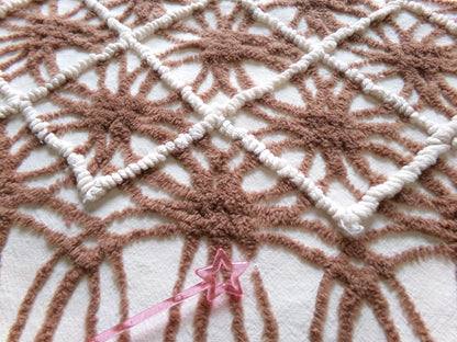 shabby cozy brown vintage chenille fabric, contrast stripe spider tuft design, 23" x 29" piece sewing & quilt material