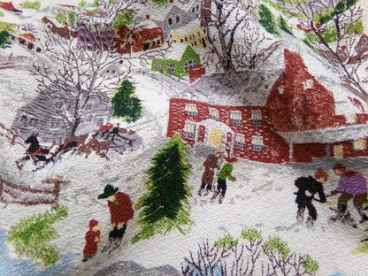 Grandma Moses DEEP SNOW Vintage Barkcloth Fabric, Midcentury Folk Art Winter Scene, 13" x 21"