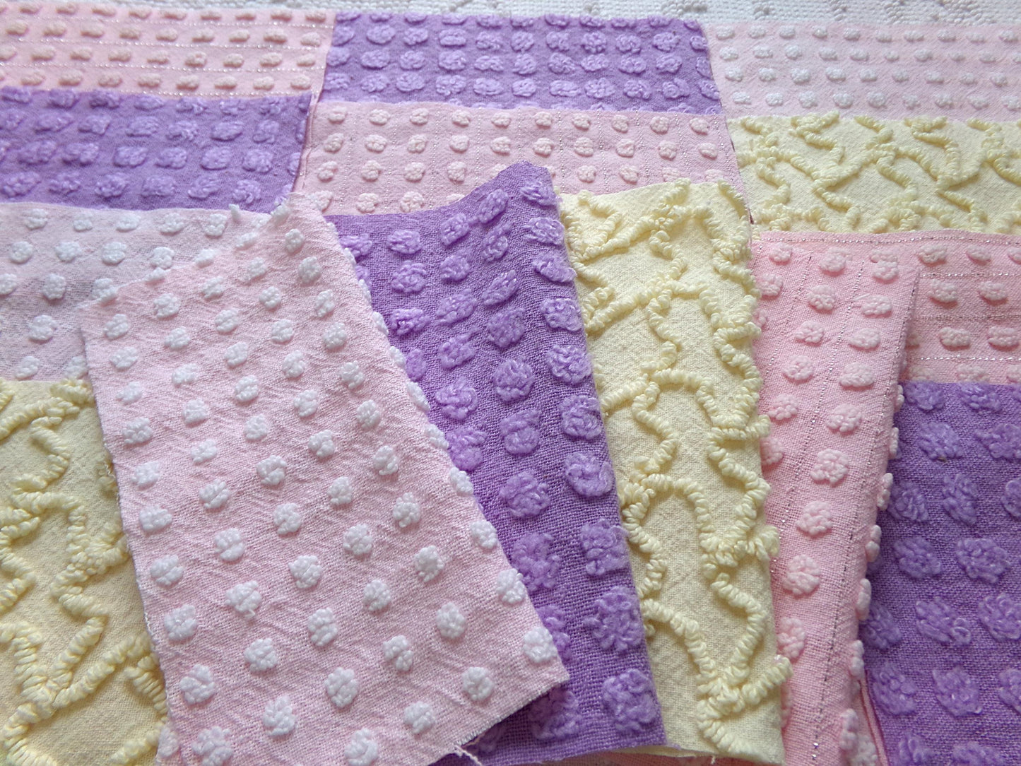 fairy magic 6" vintage chenille fabric squares, set of 16 pink, yellow & lavender quilt blocks for quilting, sewing, crafts