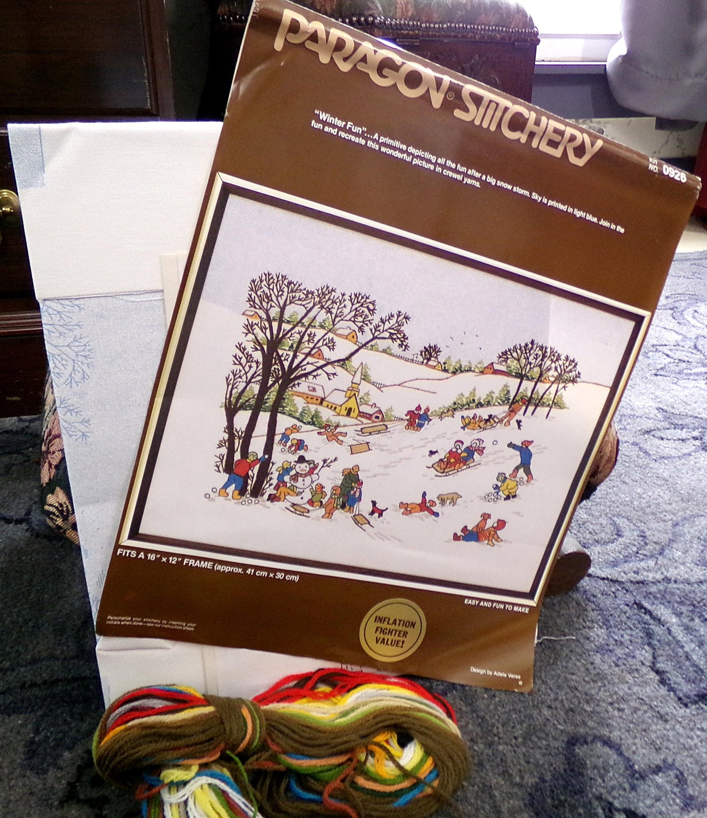 WINTER FUN Crewel Embroidery Kit, Vintage Paragon Needlecraft 0926, Snow Scene Wall Art