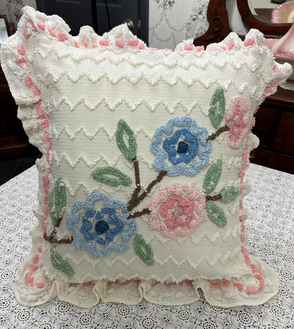 Floral Ruffled Vintage Chenille Pillow Cover 18" Square Seersucker