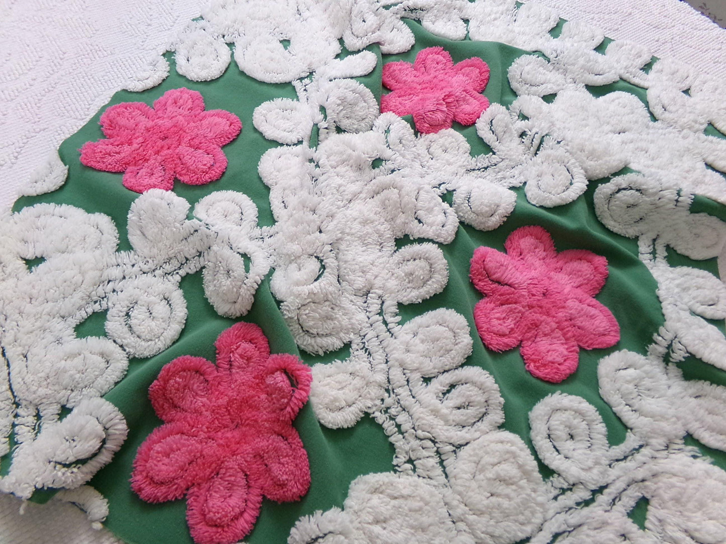 Vintage Chenille Bedspread Fabric, evergreen pink rose white swirl sewing craft quilt material, 20" x 24" piece