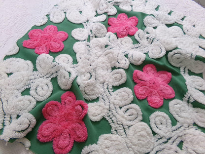 Vintage Chenille Bedspread Fabric, evergreen pink rose white swirl sewing craft quilt material, 20" x 24" piece