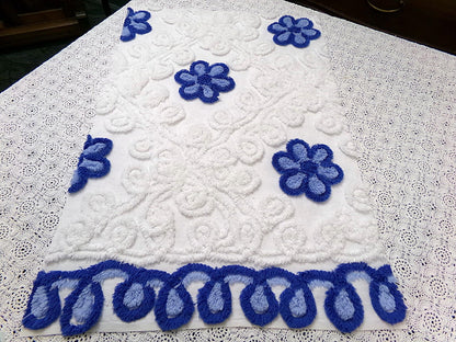 Blueberry Swirl Vintage Chenille Bedspread Fabric, Coastal Blue & White Daisy 16.5x25"