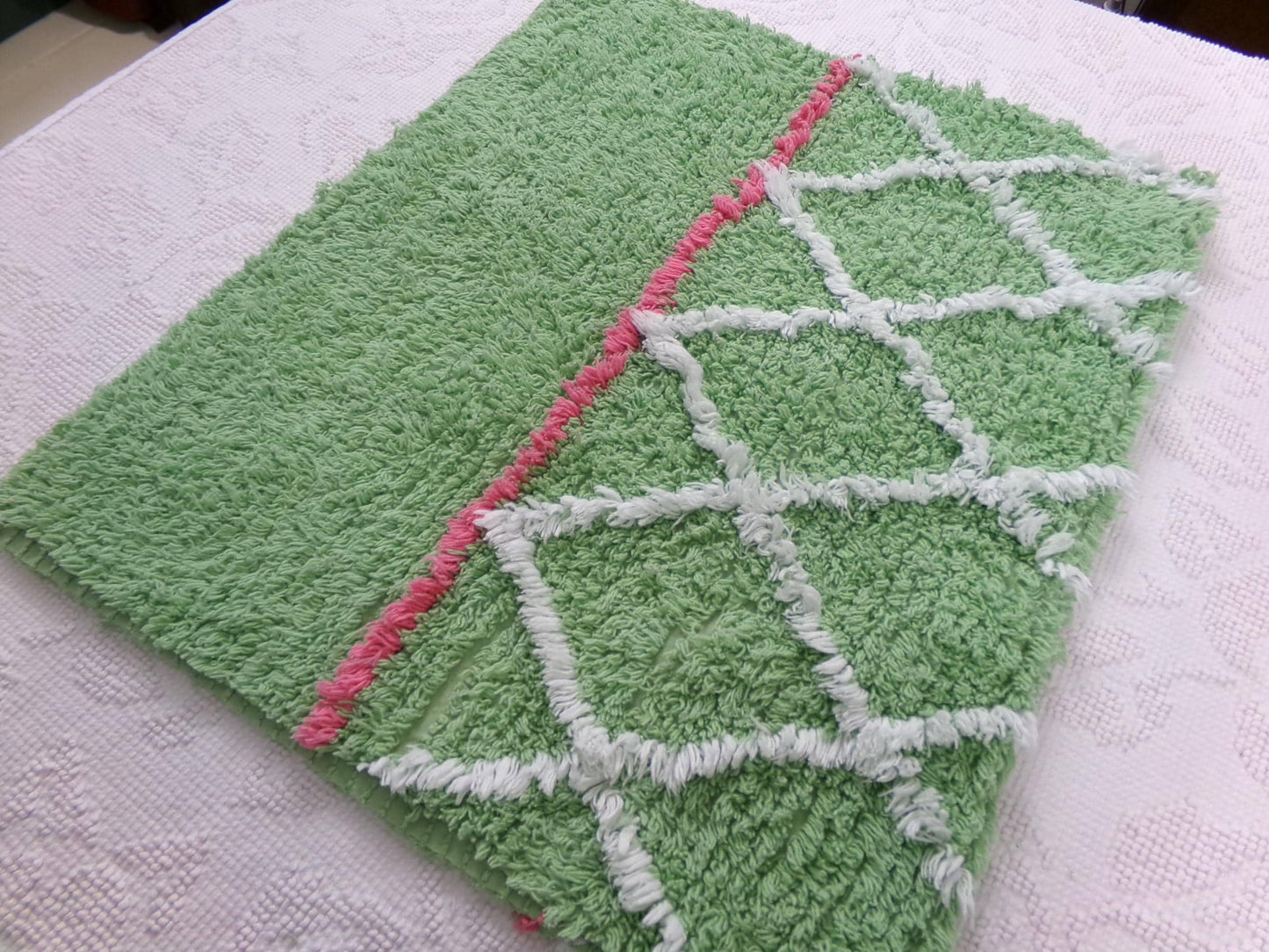 vintage apple green chenille fabric, plush terrytuft geometric design, 18" x 32" piece
