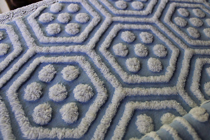 coastal cute vintage blue & white chenille fabric, reversible geometric hexagon dot design, 25" x 29" cut piece of sewing material
