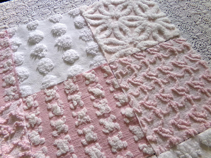 Whispertone Pink Quilt Squares Set from Vintage Chenille Bedspread Fabric, 16 Blocks, 6" x 6" inch