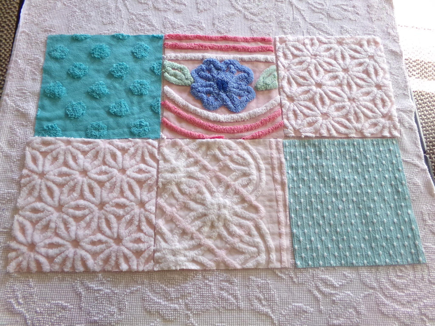 chenille fabric squares, set of 6 large 9.5" square quilt blocks from vintage chenille bedspreads, pretty daisy, plush floral, dots