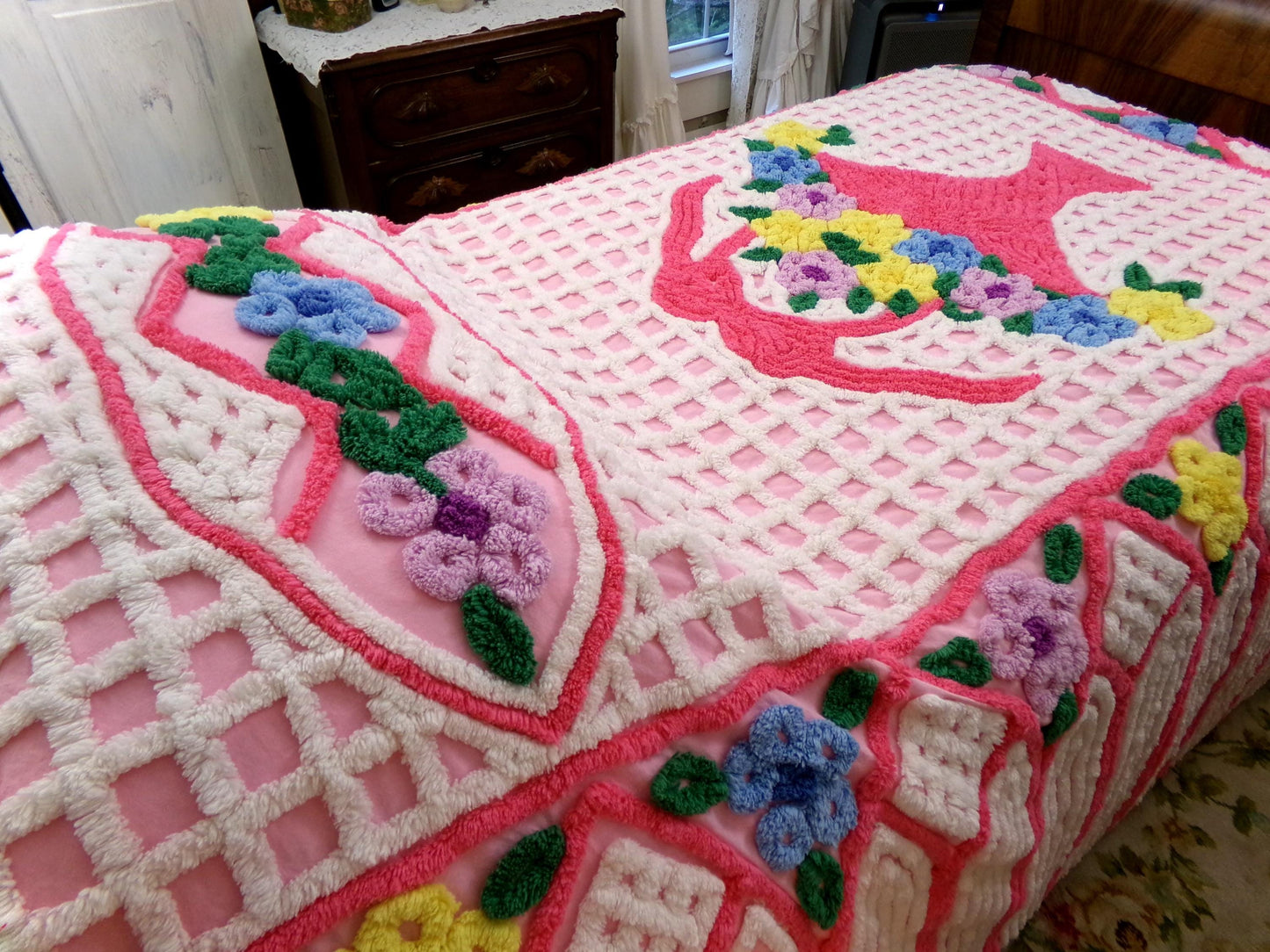 plush cupcake frosting vintage chenille bedspread, pink flower basket w/ cathedral stripes, girly cottage full size luxury cotton bedding