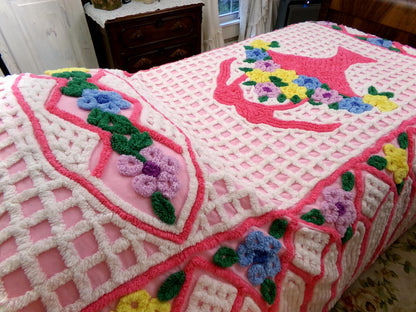 plush cupcake frosting vintage chenille bedspread, pink flower basket w/ cathedral stripes, girly cottage full size luxury cotton bedding