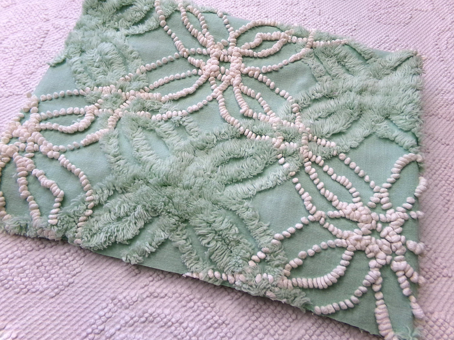 trendy jade green vintage chenille fabric: 18" x 24" piece w/ contrast spider rings for quilting, crafts
