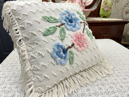 Vintage Floral Chenille Pillow Cover, Shabby Chic Reversible 16" Square Design
