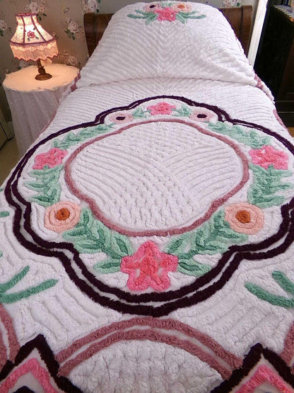 cottage living vintage chenille bedspread in plush rose florals, 100% cotton white full size bedding