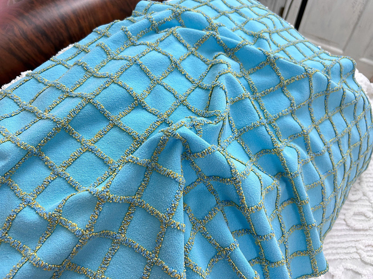 Sporty Squares Vintage Chenille Bedspread Fabric, Aqua Gold Windowpane Grid 19x23"