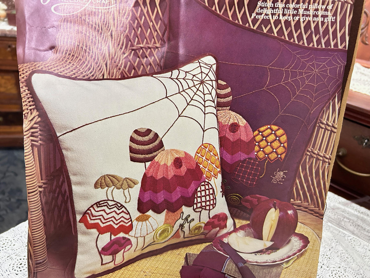 MUSHROOM PILLOW Boho Crewel Embroidery Kit, Vintage Paragon 0565 Dark Brown