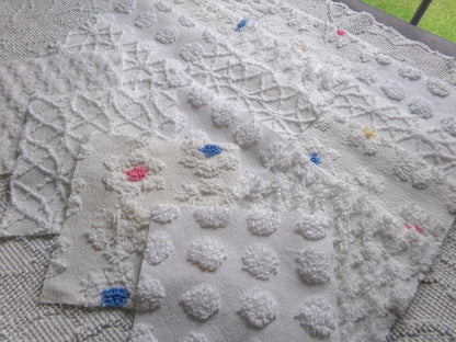 winter whimsy white chenille fabric squares, 16 vintage 6" x 6" quilt blocks, pops, webbed, diamond lattice & daisies for sewing, crafts