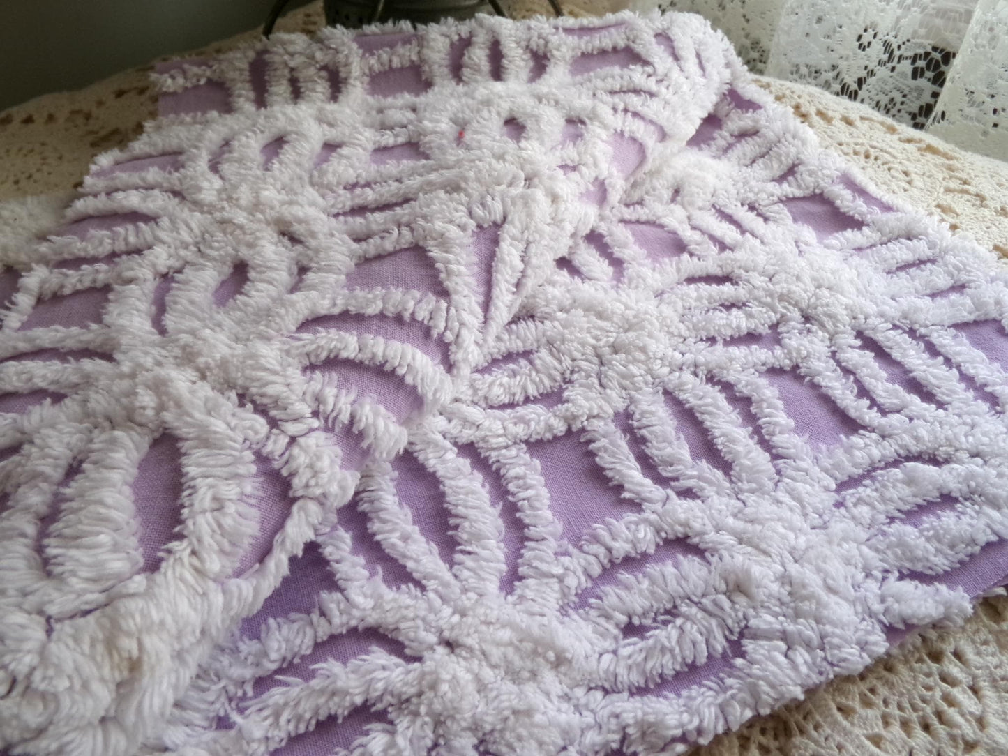 Vintage Lilac Chenille Fabric, White Spider Tufted Pattern, 18" x 24" Piece