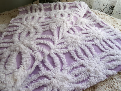 Vintage Lilac Chenille Fabric, White Spider Tufted Pattern, 18" x 24" Piece