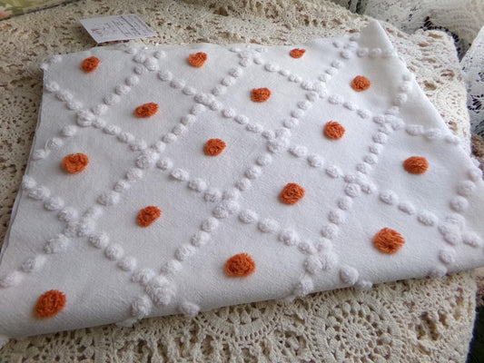 Boho Pops Vintage Chenille Fabric, 24" x 18" inch Piece, Rust Brown & White Popcorns, handtufted antique 100% cotton chenille